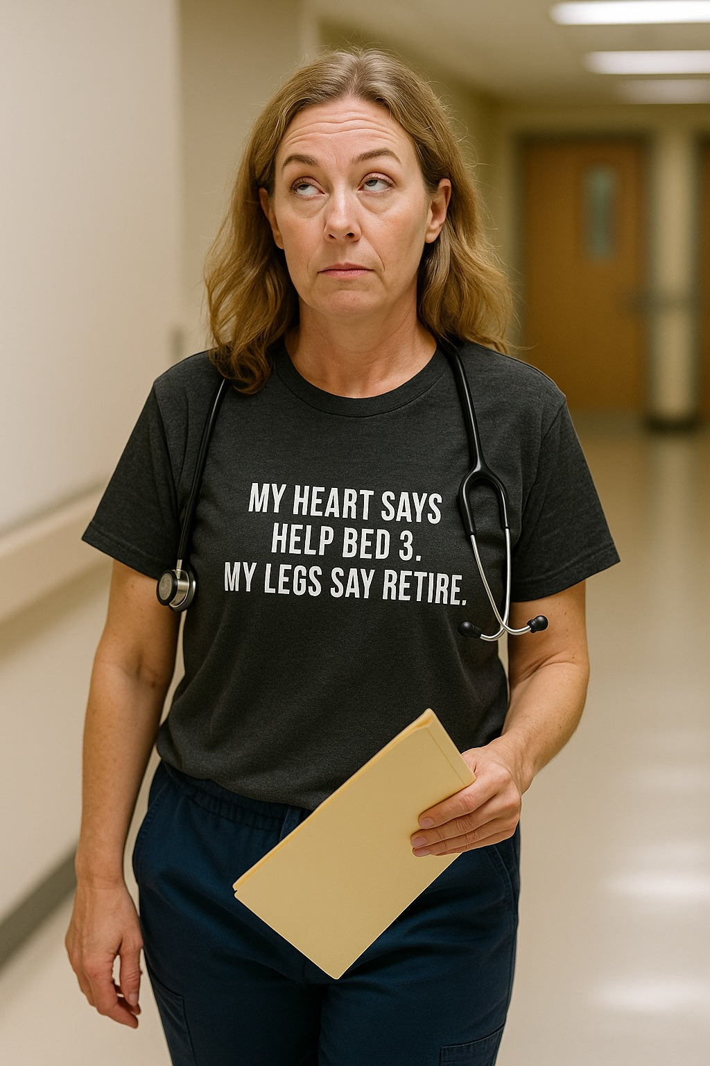 Older nurse walking down a hospital hallway with clipboard wearing a shirt that says “My heart says help Bed 3, but my legs say retire.”