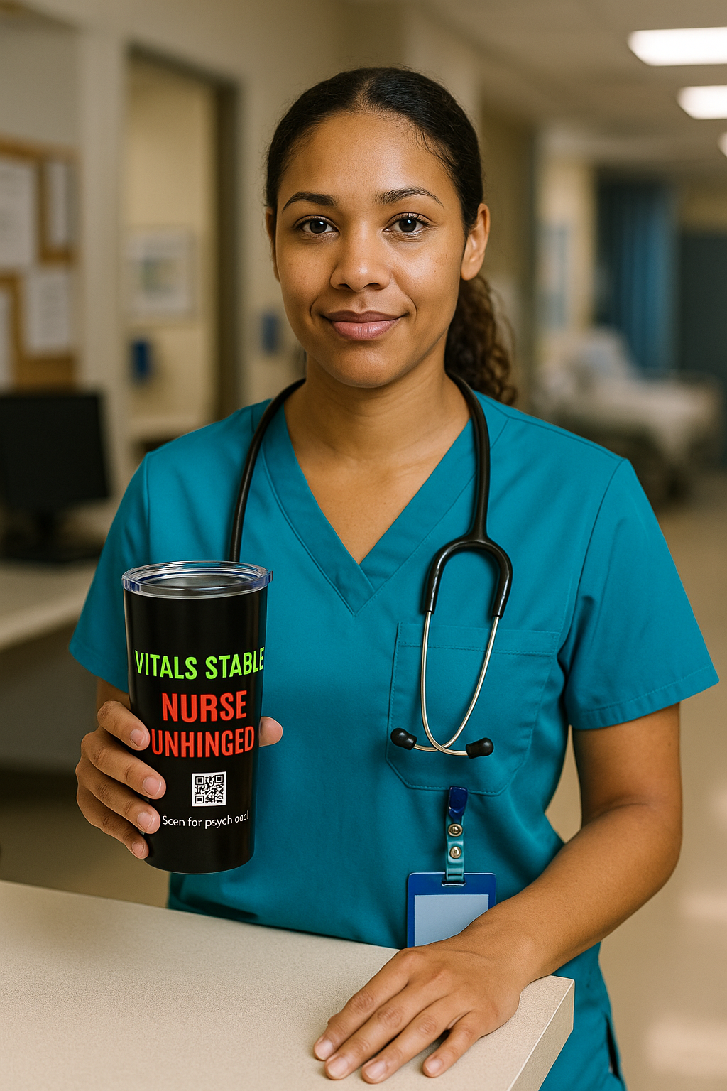 Nurse charting at a computer while holding her “Vitals Stable, Nurse Unhinged” tumbler.