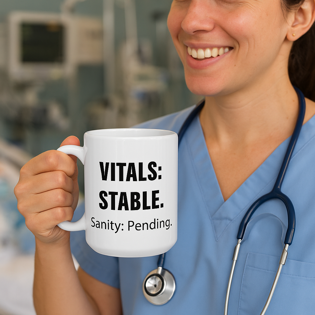 White ceramic mug with black text that reads “Vitals: Stable. Sanity: Pending” – nurse burnout humor