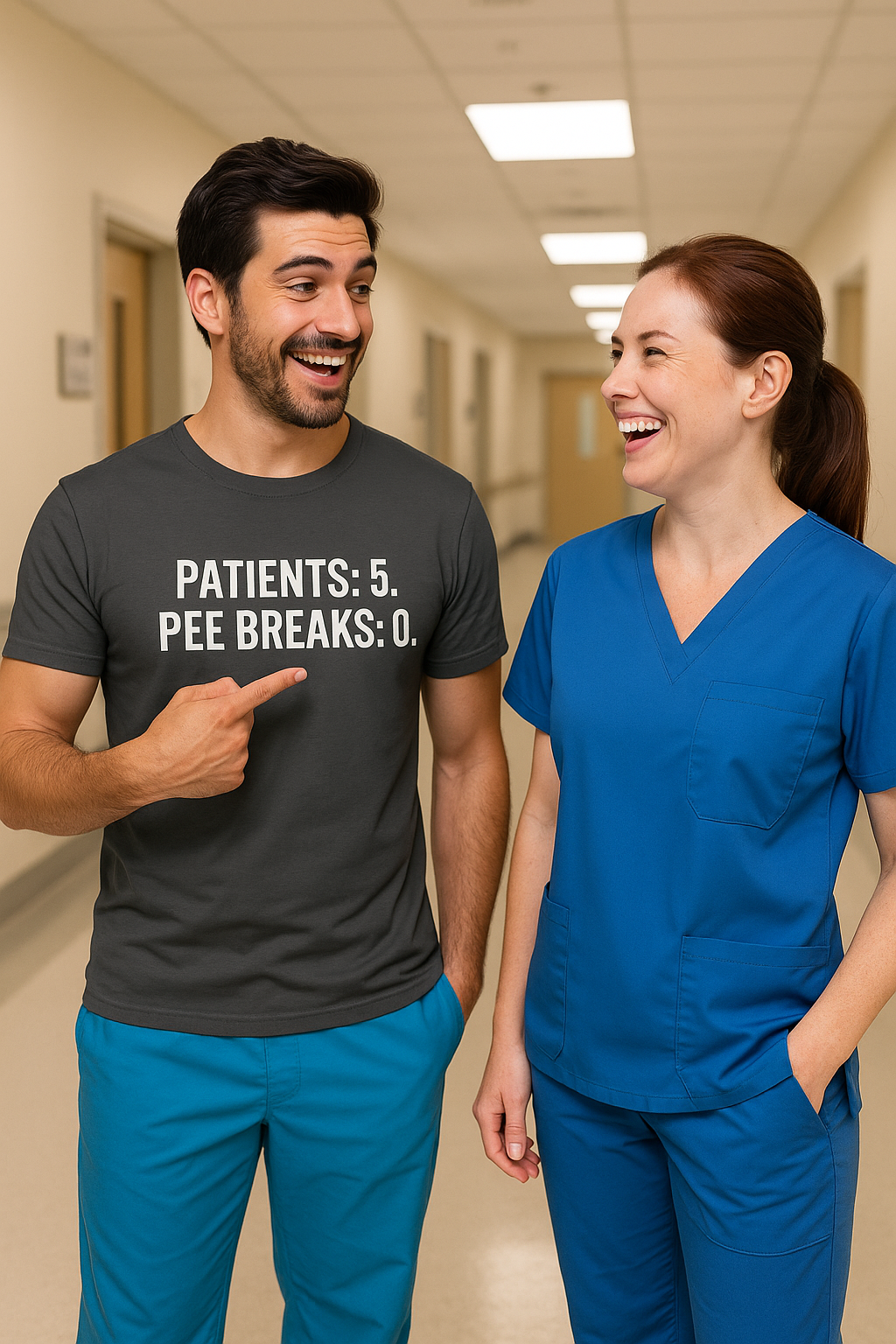 Funny nurse shirt with bold “Patients: 5, Pee Breaks: 0” design, worn by exhausted RN during hospital shift