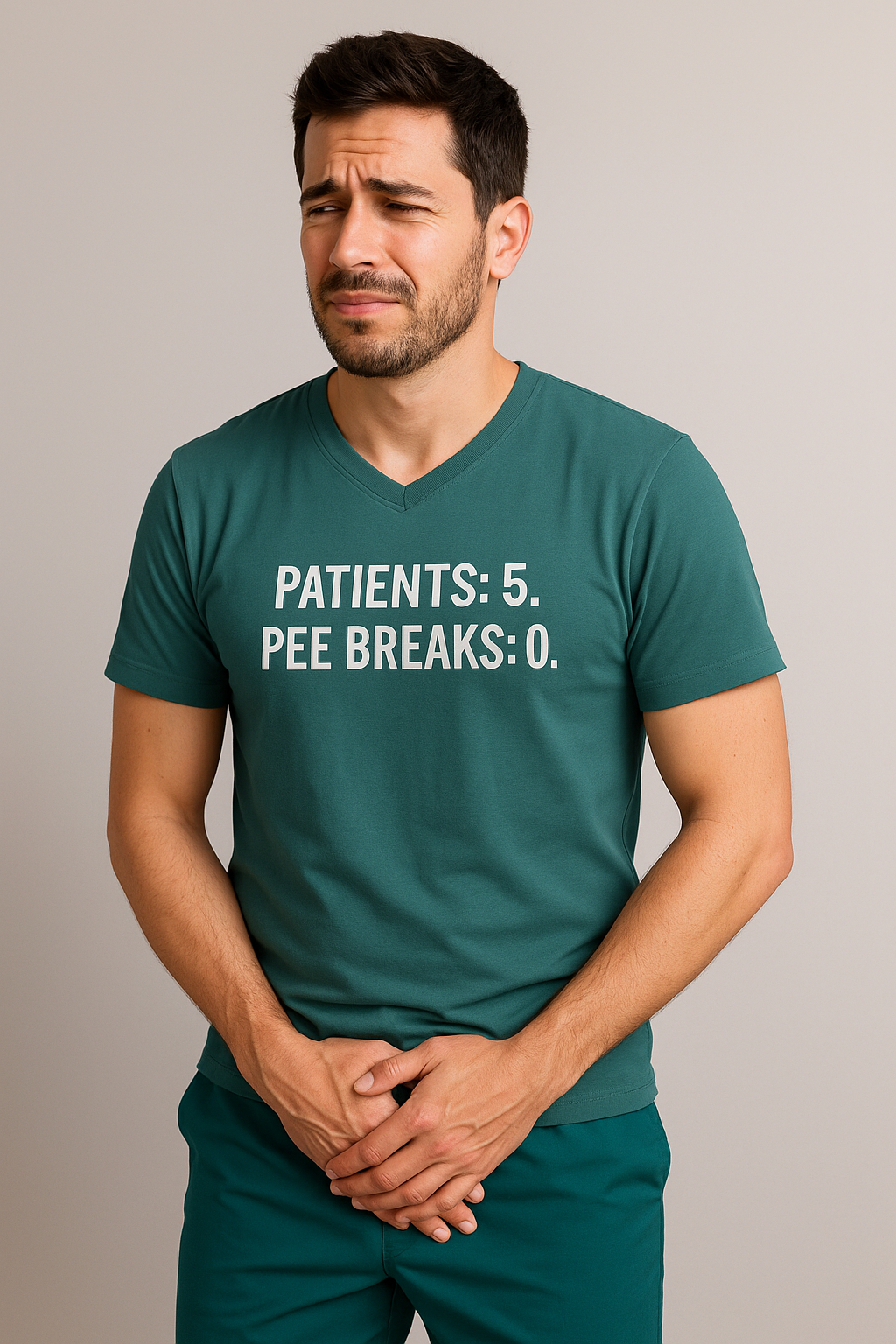 Nurse standing solo in teal scrubs with the “Patients: 5. Pee Breaks: 0.” graphic tee.