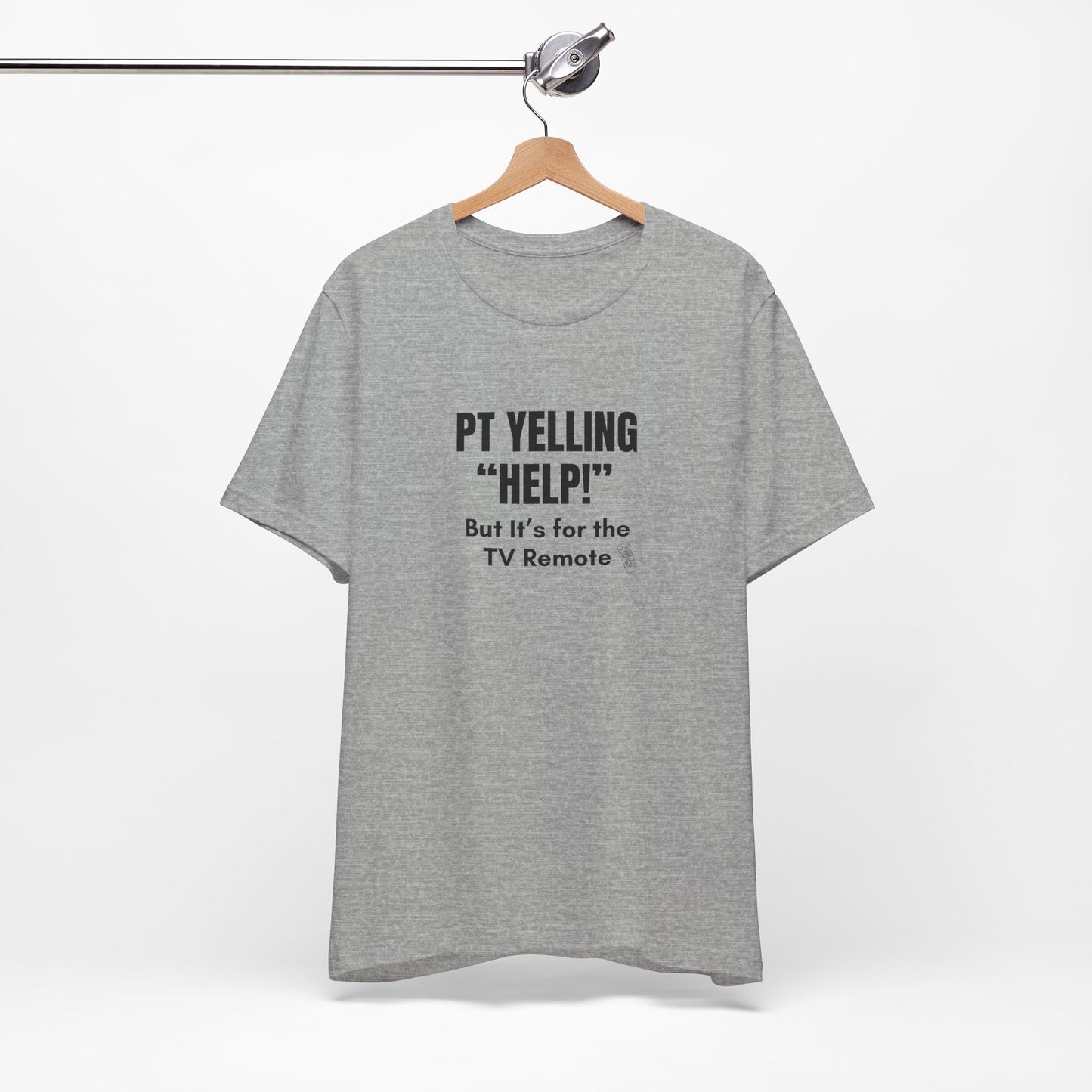 Flatlay of black version of the “PT Yelling Help” shirt, shown on hanger.