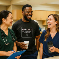Three nurses in scrubs laughing, all wearing "REPORT: Lies, Confessions, and Regrets" shirts, hospital setting.
