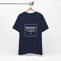 Navy nurse humor shirt on hanger with bold white text: REPORT Lies, Confessions, and Regrets.