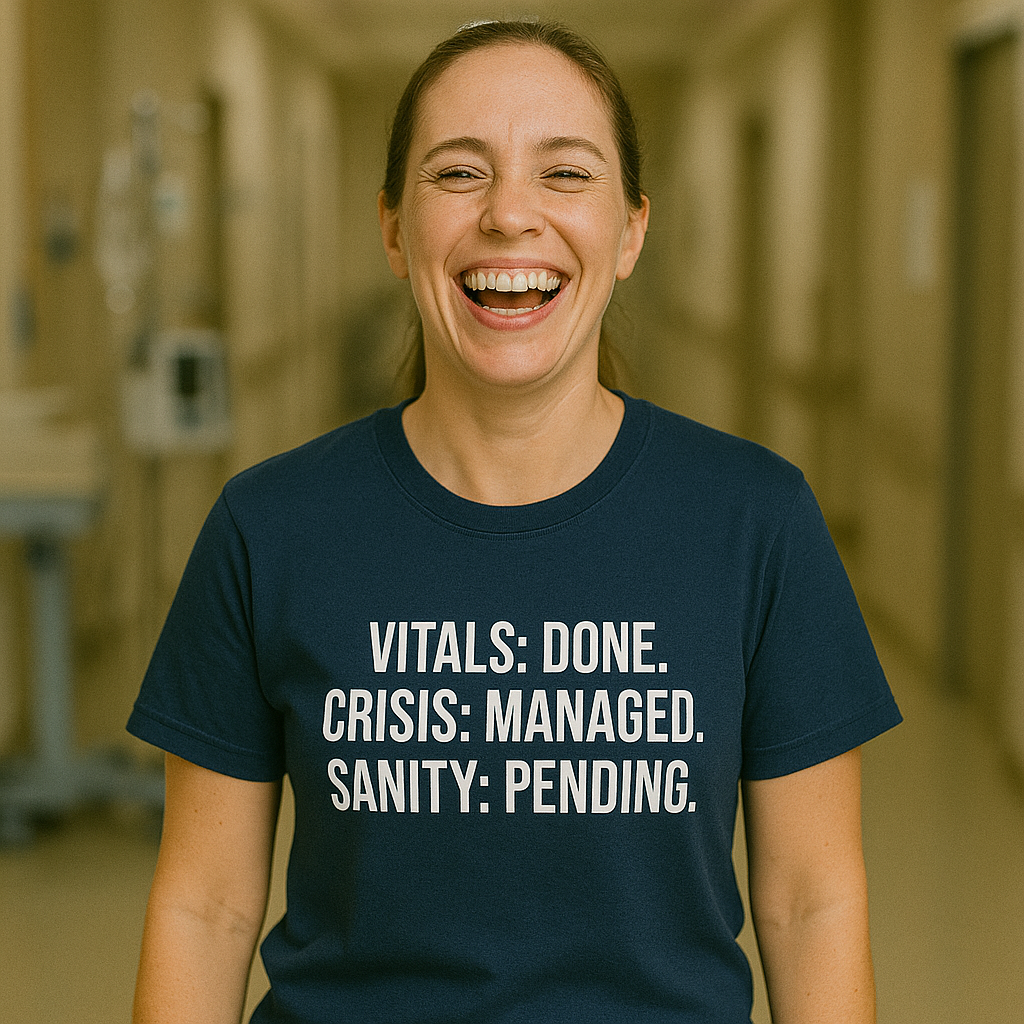 Blue version of the burnout tee worn by nurse walking out of patient room, smiling.