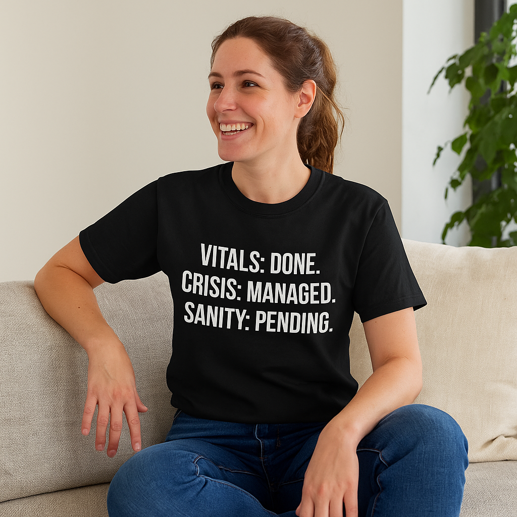 Nurse sitting casually in breakroom wearing the “Sanity: Pending” burnout tee.