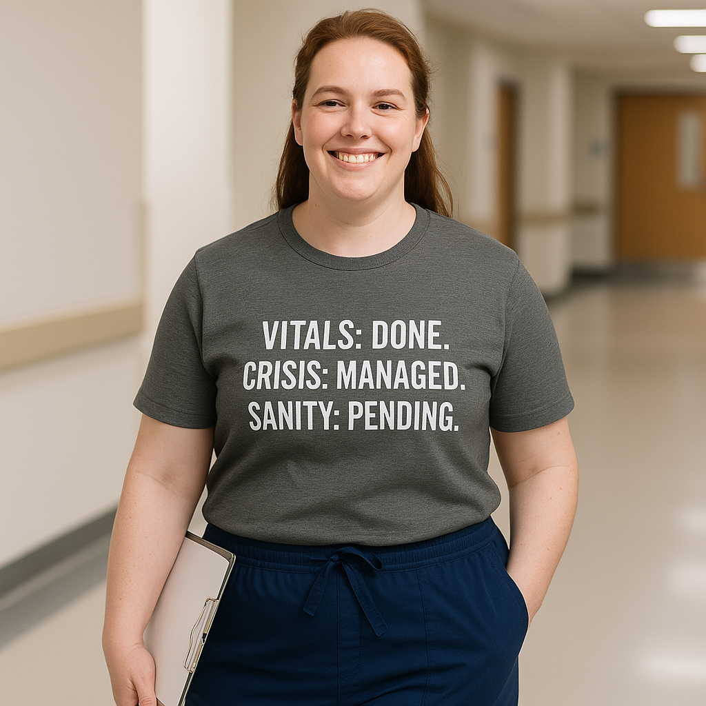 Model in navy version of the burnout tee posing confidently in hospital hallway.