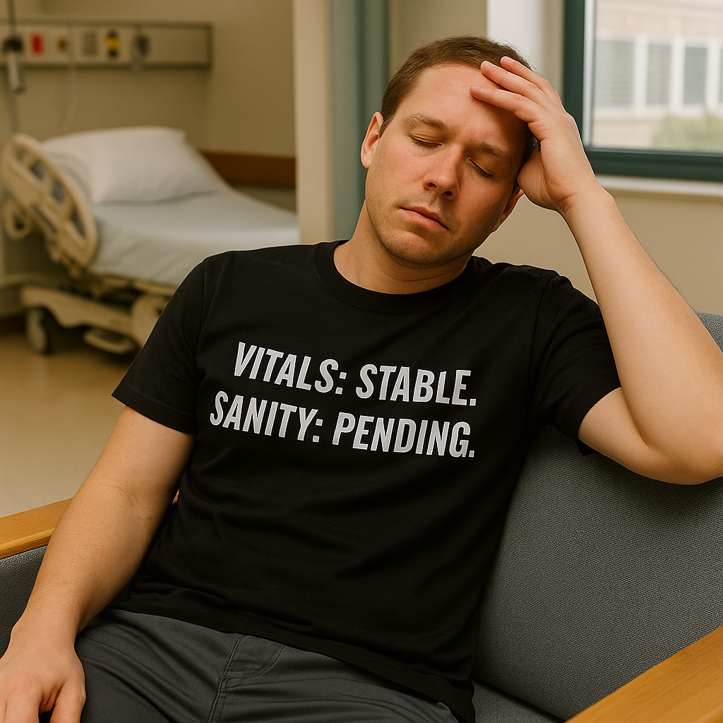 Nurse leaning back in hospital chair with hand on forehead, wearing “Vitals: Stable. Sanity: Pending.” t-shirt.