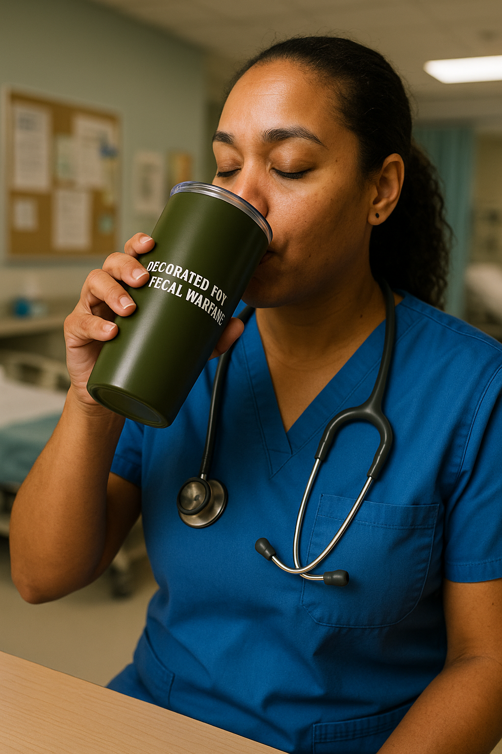 Funny 20oz stainless nurse tumbler with “Code Brown Survivor” quote, held by exhausted RN mid-shift with dead eyes and caffeine grip