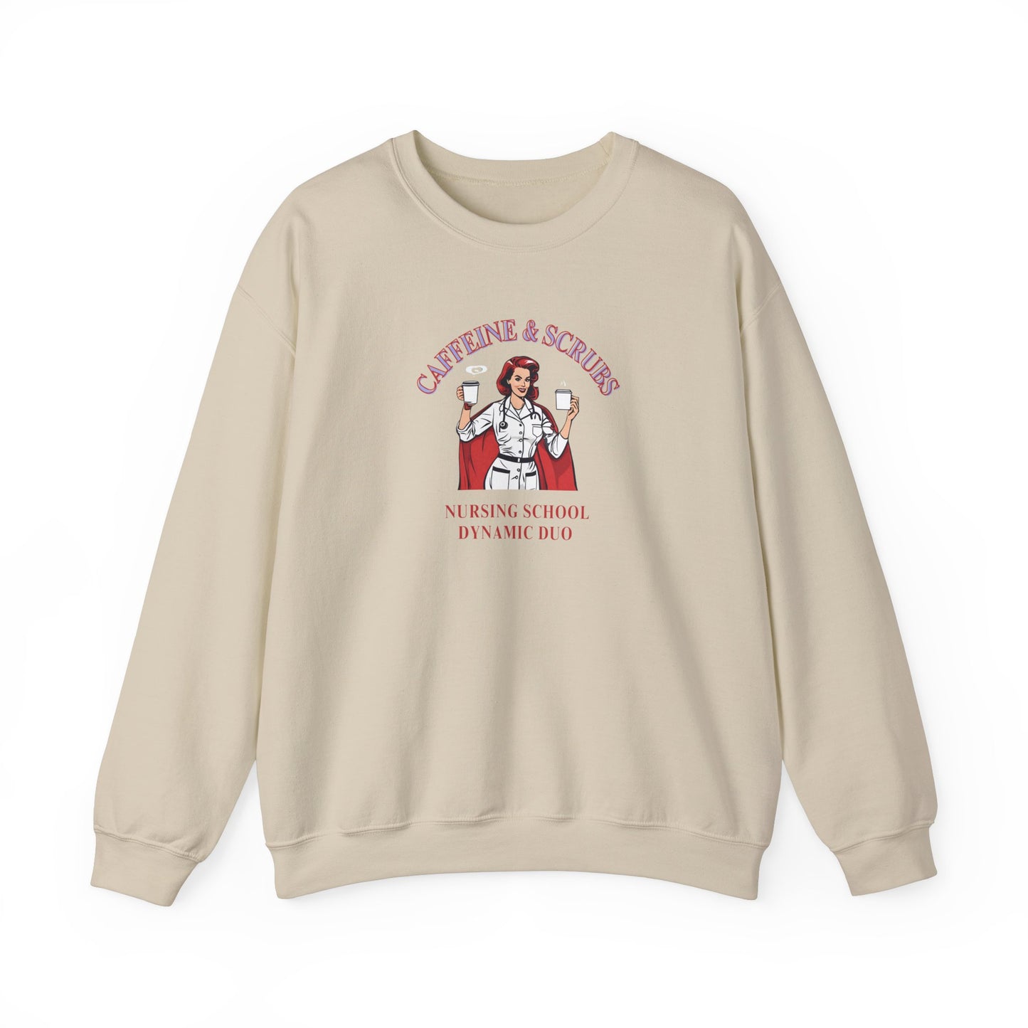 Funny Nursing School Sweatshirt – ‘Caffeine and Scrubs: Nursing School Dynamic Duo’ – Perfect for Students &amp; Healthcare Pros! ☕👩‍⚕️