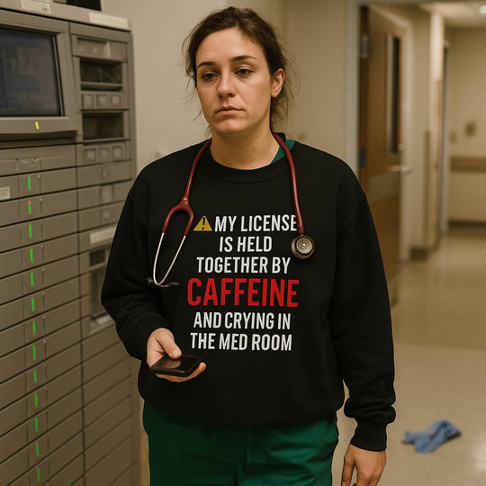 ⚠️ “Held Together by Caffeine & Crying ⚕️ | Ultimate Burnout Nurse Sweatshirt”