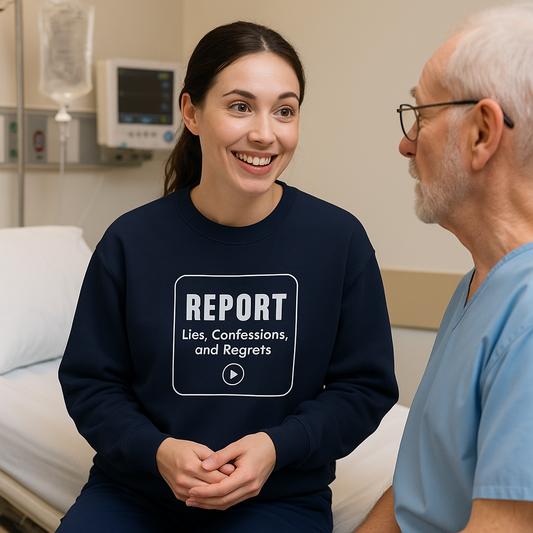 Funny nurse sweatshirt with quote “Report: Lies, Confessions, and Regrets,” worn by RN mid-eye roll during pre-shift disaster
