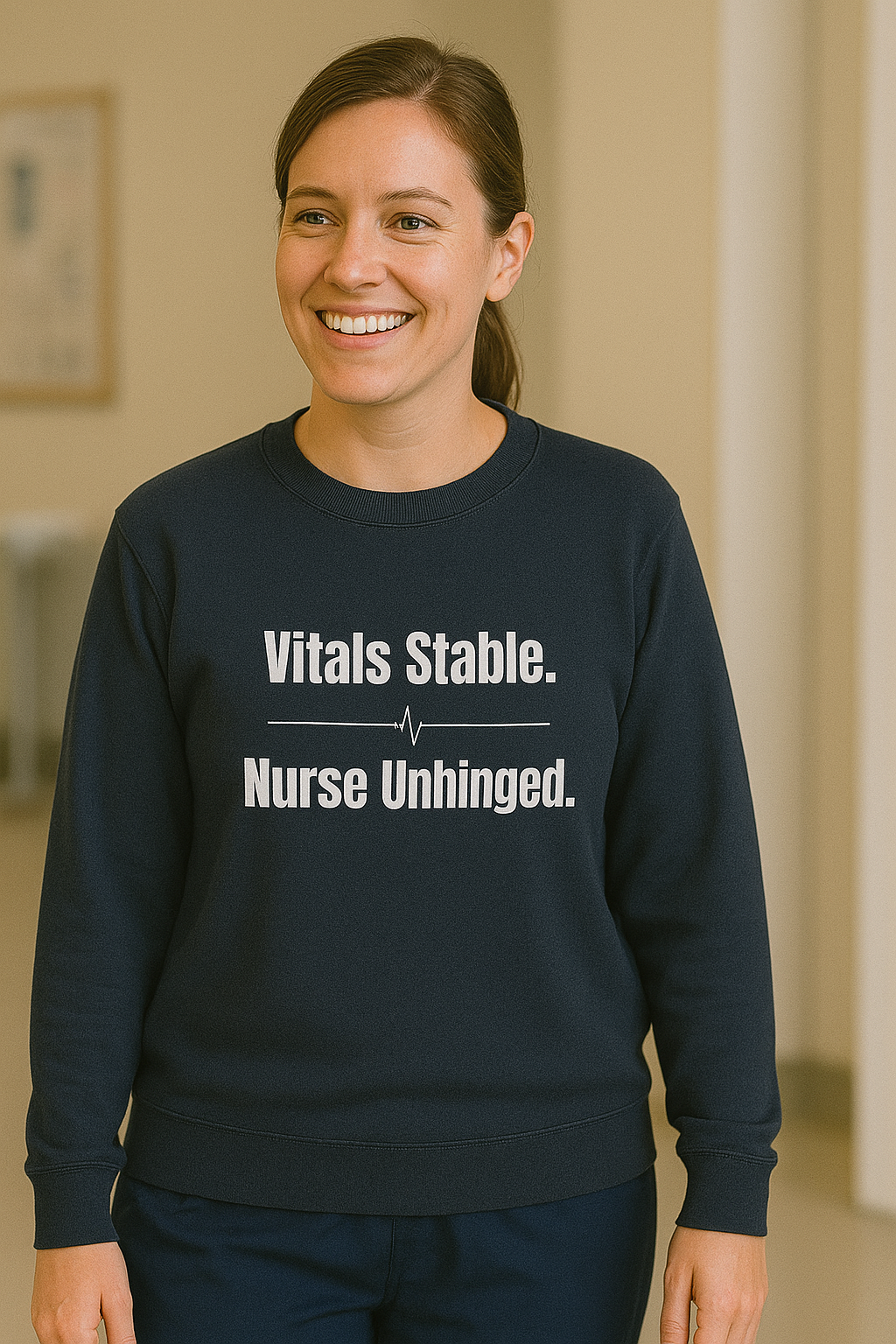 Funny black nurse sweatshirt with quote “Vitals Stable. Nurse Unhinged,” worn by visibly exhausted RN mid-shift meltdown
