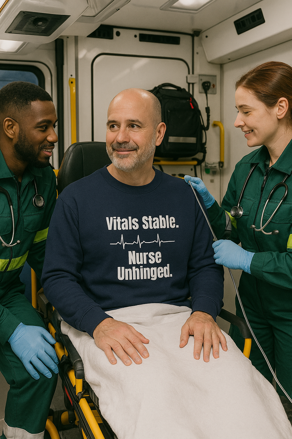 Funny black nurse sweatshirt with quote “Vitals Stable. Nurse Unhinged,” worn by visibly exhausted RN mid-shift meltdown
