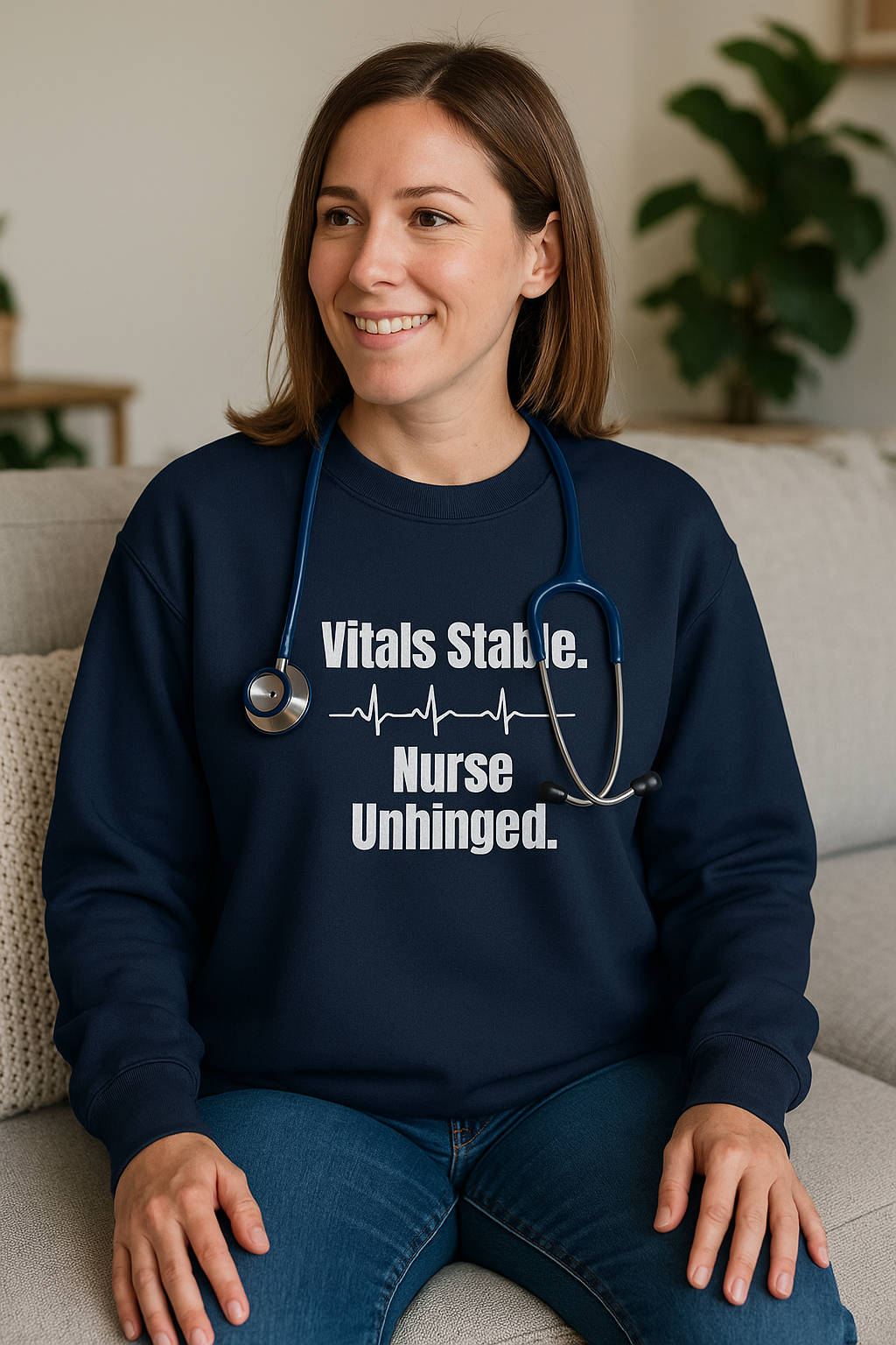 Funny black nurse sweatshirt with quote “Vitals Stable. Nurse Unhinged,” worn by visibly exhausted RN mid-shift meltdown
