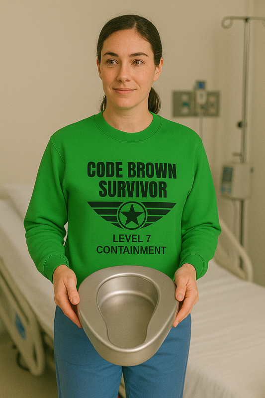 Funny nurse sweatshirt with quote “Code Brown Survivor,” worn by exhausted RN holding coffee and silently reliving bowel-related trauma
