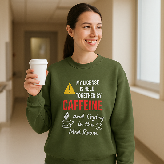 Funny nurse sweatshirt with quote “Held Together by Caffeine and Crying,” worn by exhausted RN mid-shift meltdown in breakroom
