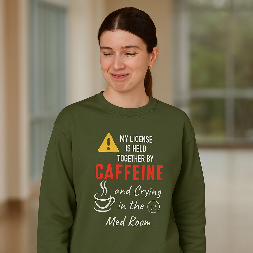 Funny nurse sweatshirt with quote “Held Together by Caffeine and Crying,” worn by exhausted RN mid-shift meltdown in breakroom
