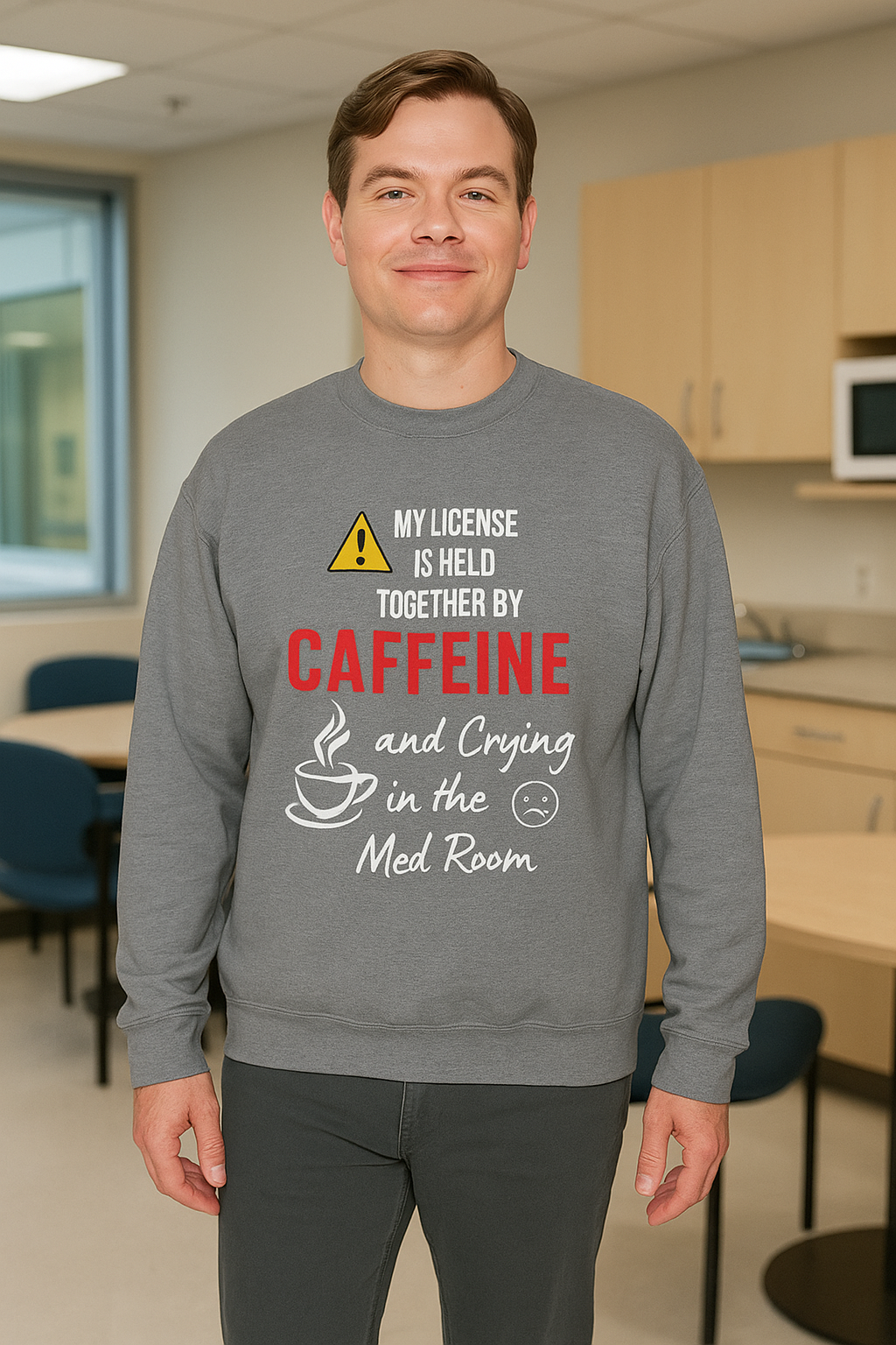 Funny nurse sweatshirt with quote “Held Together by Caffeine and Crying,” worn by exhausted RN mid-shift meltdown in breakroom

