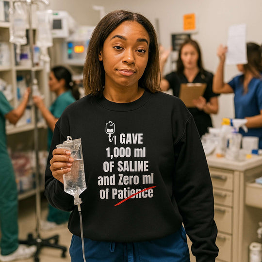 💉 1,000 ml Saline. Zero Patience. | Nurse Burnout Sweatshirt