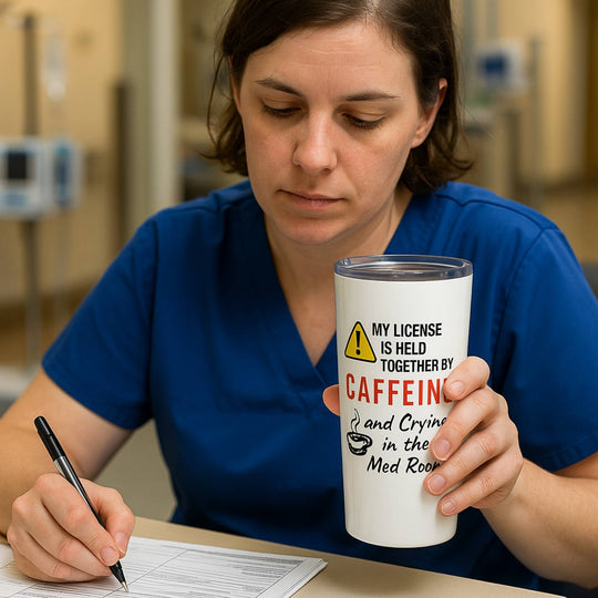 🪡 Held Together by Caffeine & Breakdown | White 20oz Nurse Tumbler