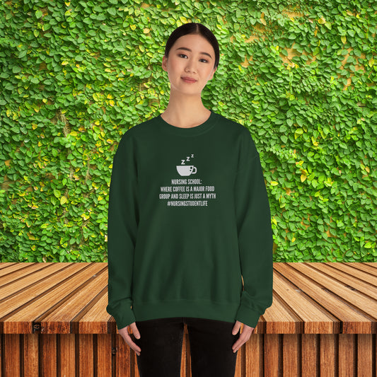 Funny Nursing School Sweatshirt – ‘Coffee is a Food Group, Sleep is a Myth’ – Perfect for Nursing Students! ☕📚