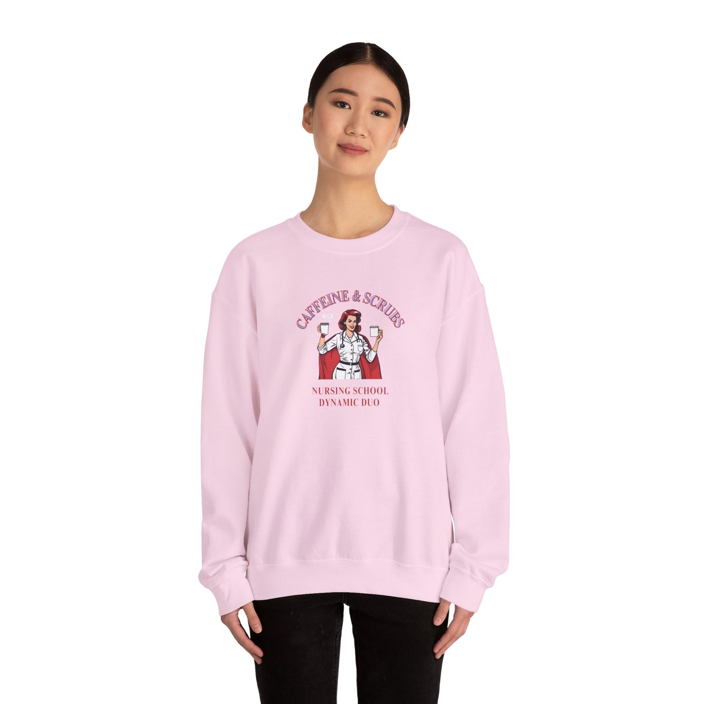 Funny Nursing School Sweatshirt – ‘Caffeine and Scrubs: Nursing School Dynamic Duo’ – Perfect for Students &amp; Healthcare Pros! ☕👩‍⚕️