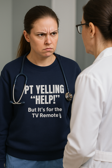 Female nurse in navy sweatshirt with bold text “PT yelling ‘help!’ but it’s for the TV remote” looking frustrated while talking to colleague
