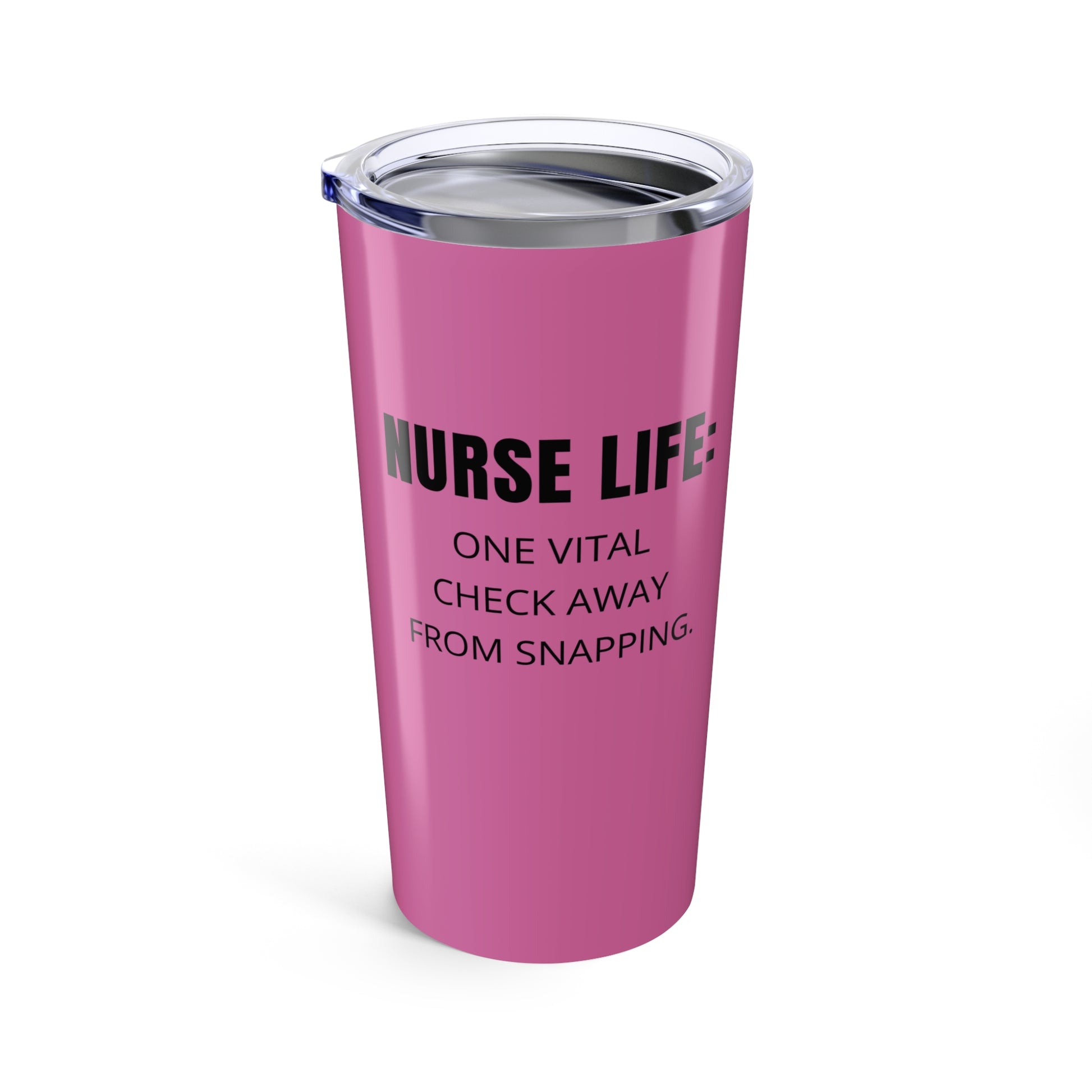Pink nurse tumbler with bold text reading “Vitals: Stable. Sanity: Pending.” – funny 20oz travel mug for nurses