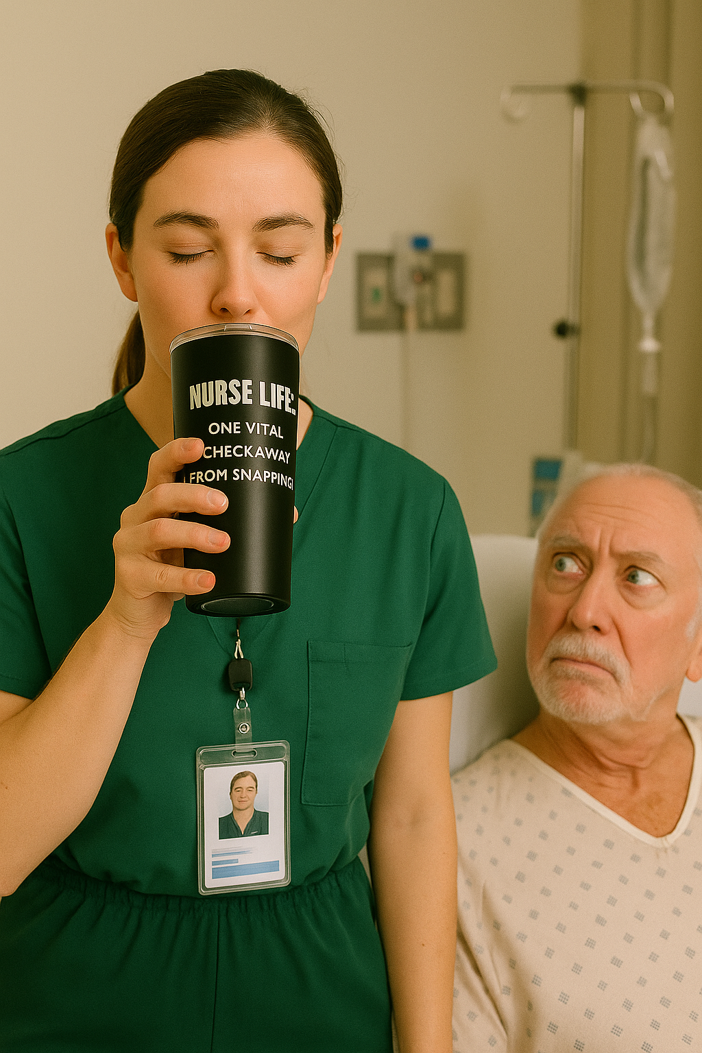 Nurse in scrubs sipping from black 20oz tumbler that says “Nurse Life: One Vital Check Away from Snapping”