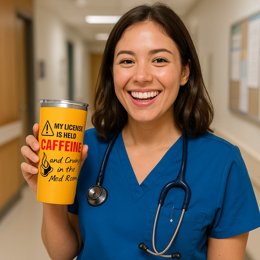 Nurse in scrubs smiling and holding yellow tumbler
