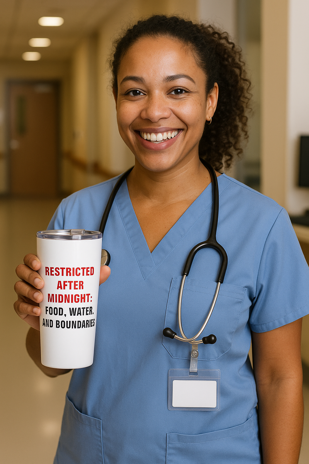 Young nurse in blue scrubs smiling and holding “NPO After Midnight” tumbler in busy hospital background.
