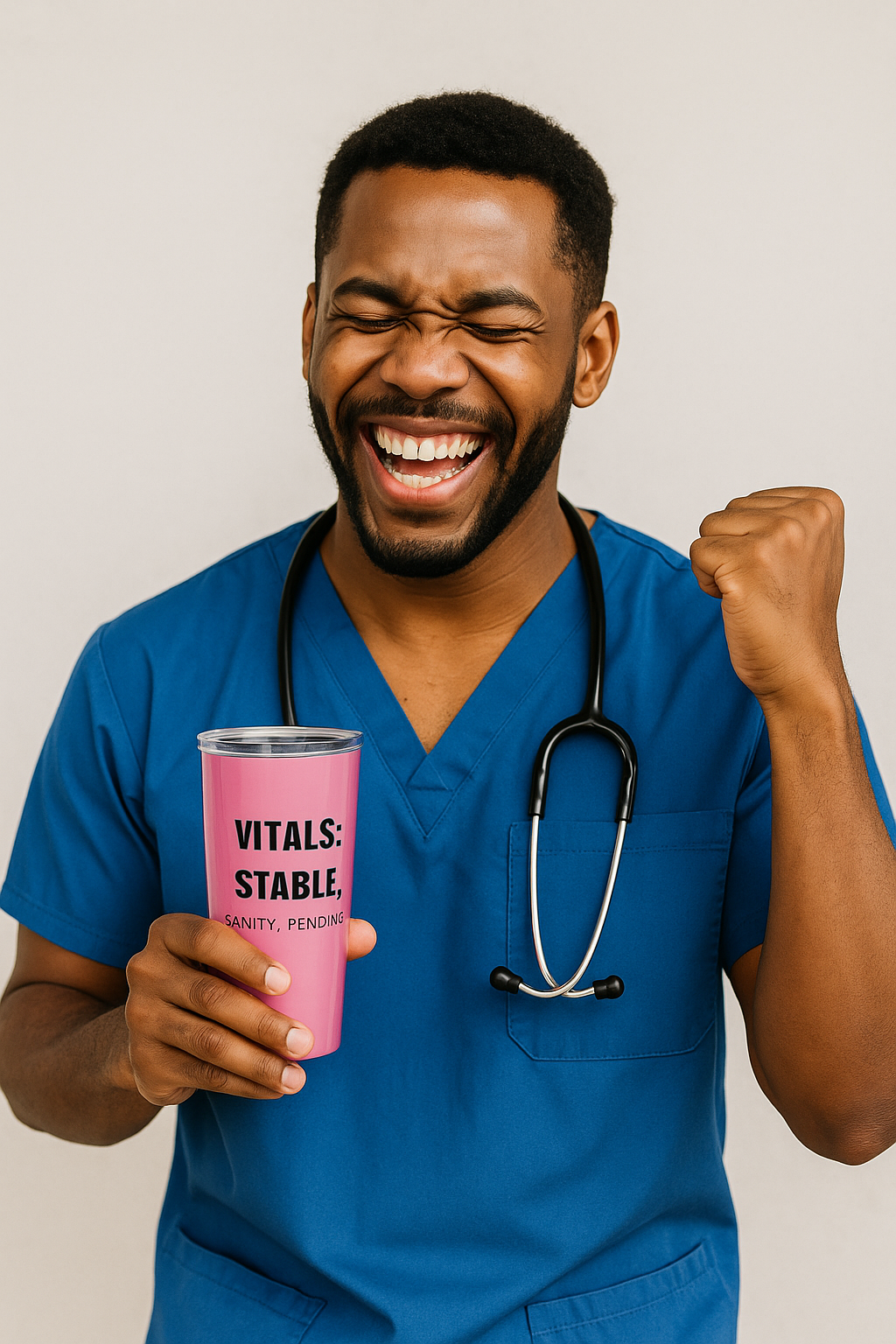 Pink nurse tumbler with bold text reading “Vitals: Stable. Sanity: Pending.” – funny 20oz travel mug for nurses