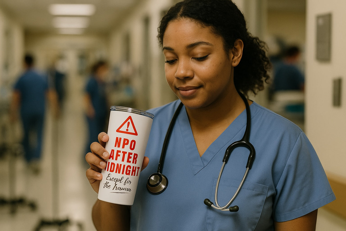 Nurse in blue scrubs sipping from “Restricted After Midnight” tumbler in a busy hospital setting.