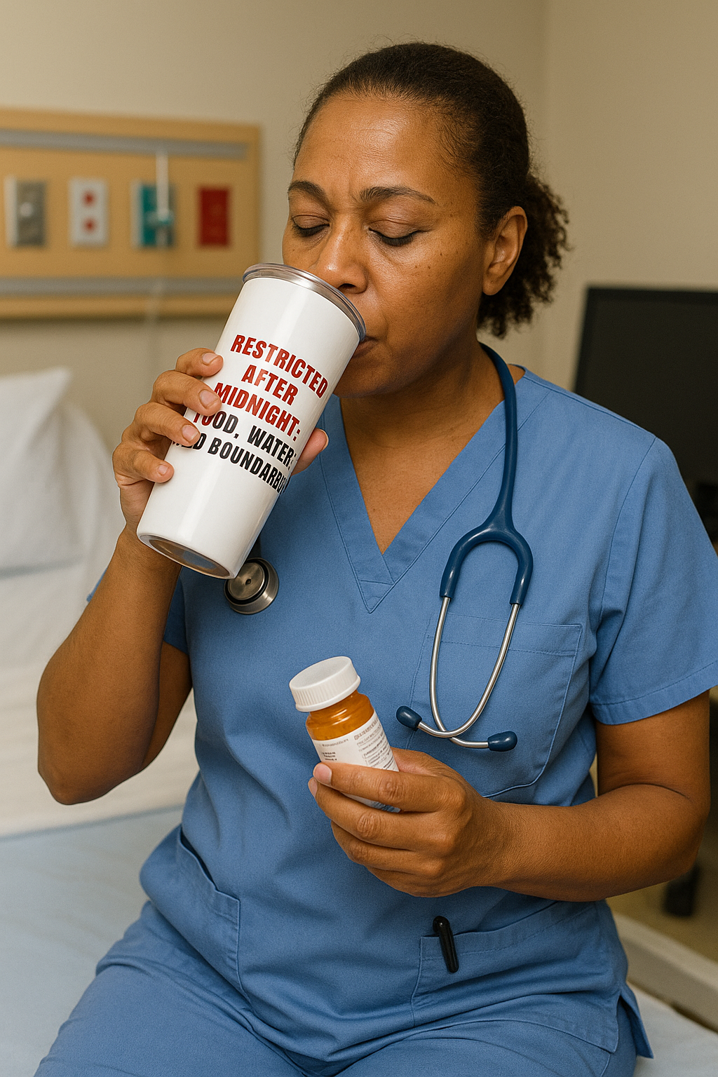 Nurse in blue scrubs sipping from “Restricted After Midnight” tumbler in a busy hospital setting with meds