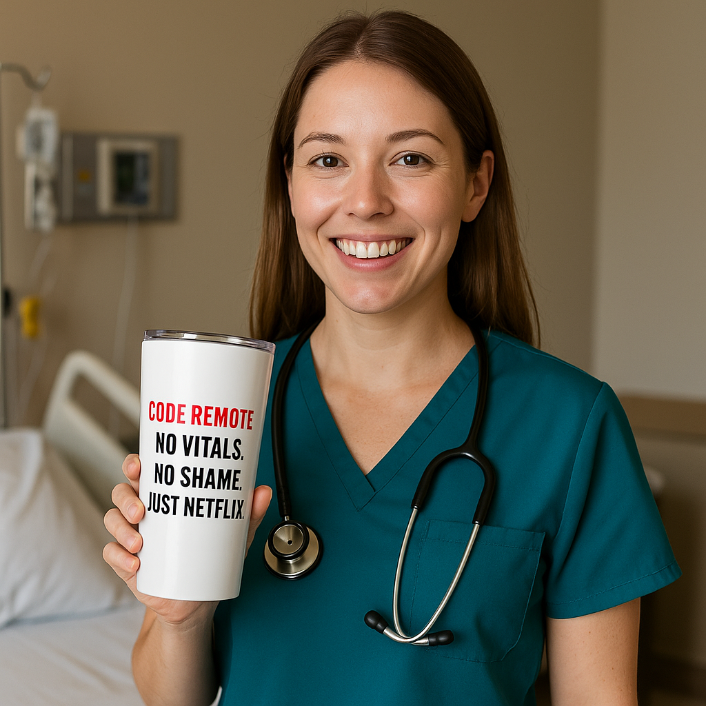 Nurse in blue scrubs smiling and holding white “TV remote” tumbler, standing in a breakroom with a stethoscope around her neck.