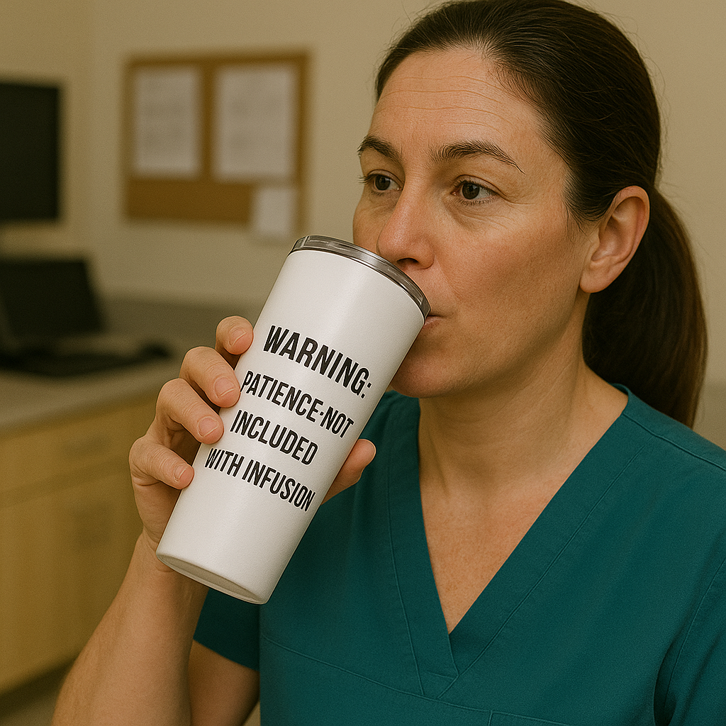 Nurse in teal scrubs sipping from a white sarcastic tumbler, sitting in a medical break room.