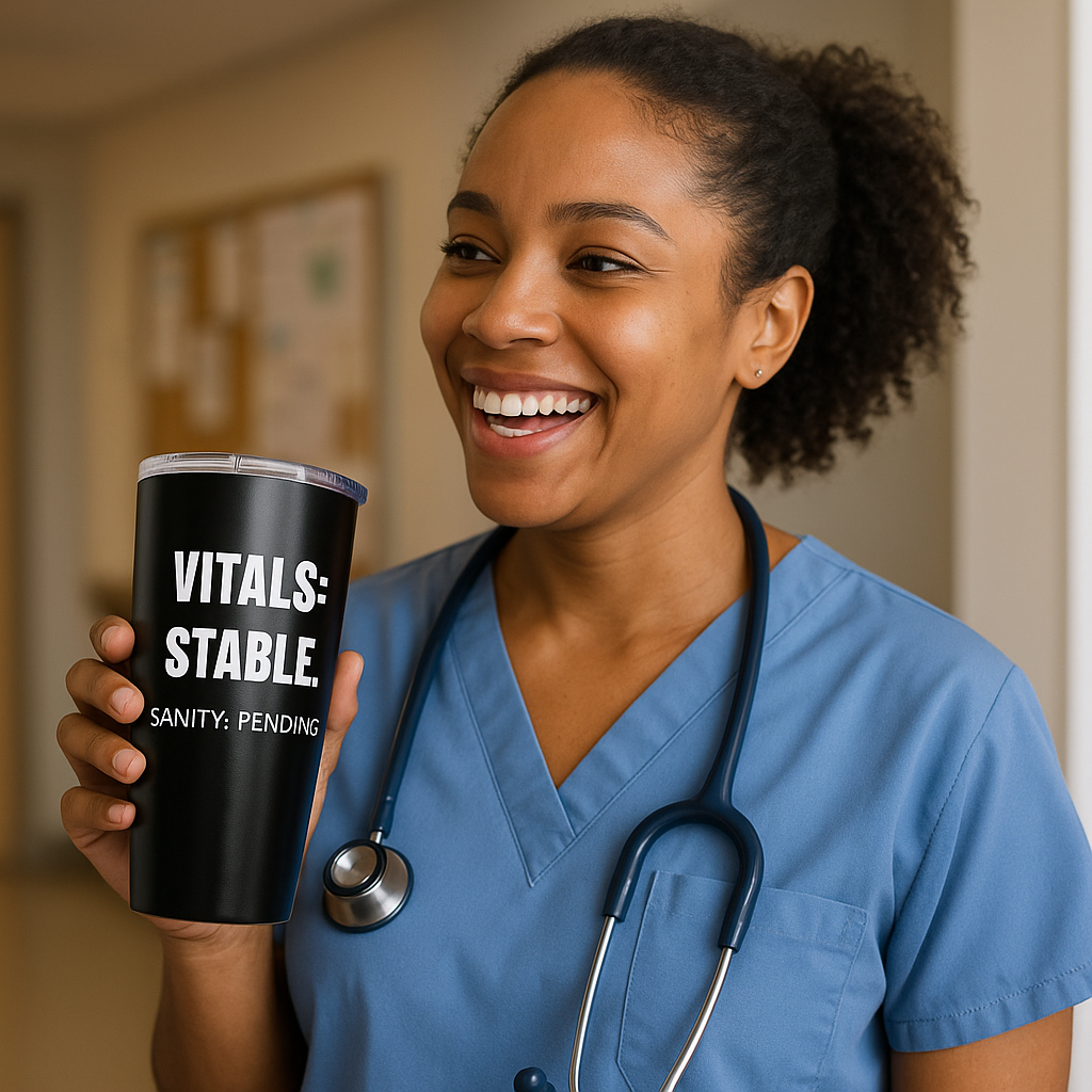 Nurse in scrubs sipping from black 20oz tumbler that says “Nurse Life: One Vital Check Away from Snapping”