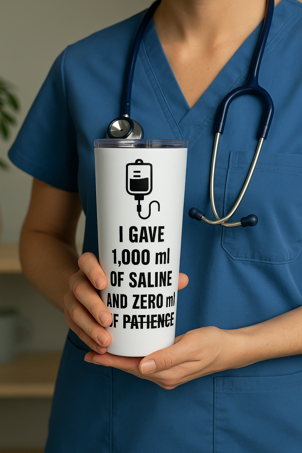 Cropped view of nurse in scrubs with stethoscope, holding tumbler in both hands, standing against bright background.
