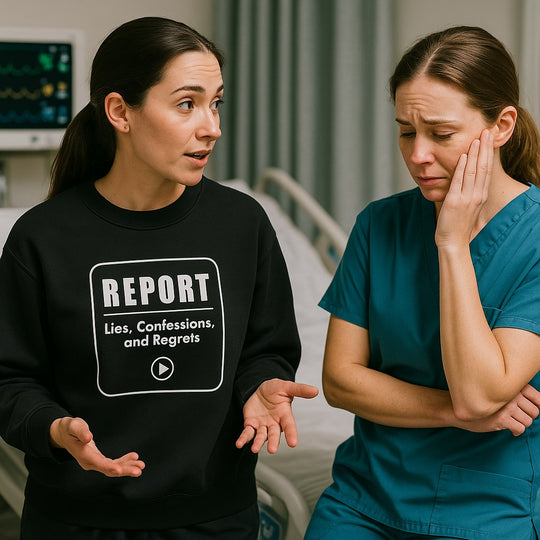 Nurse in black crewneck debriefing with emotional coworker in scrubs, sweatshirt reads “REPORT: Lies, Confessions, and Regrets”
