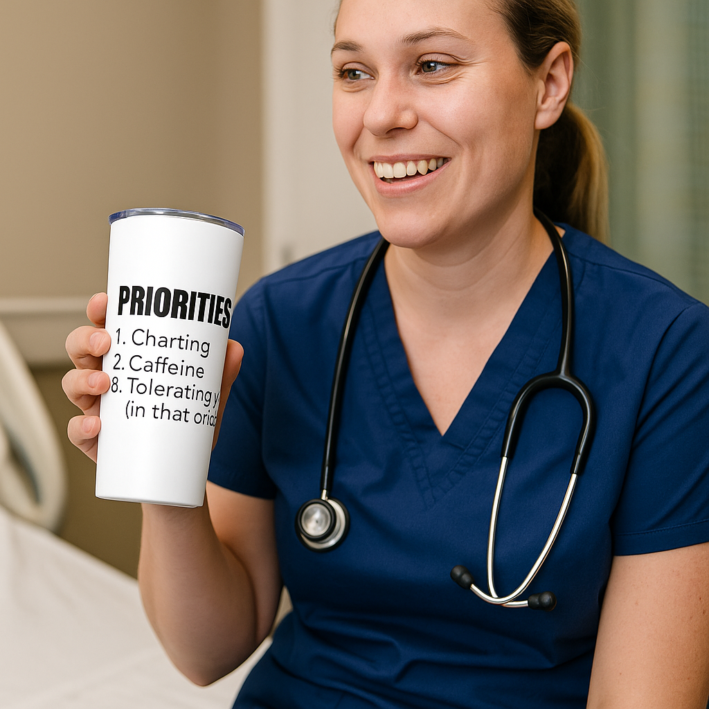  A cheerful nurse holds the “I Could Be Charting” tumbler while chatting in a hospital hallway.