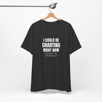 heather gray “I Could Be Charting Right Now” shirt hanging on white background.