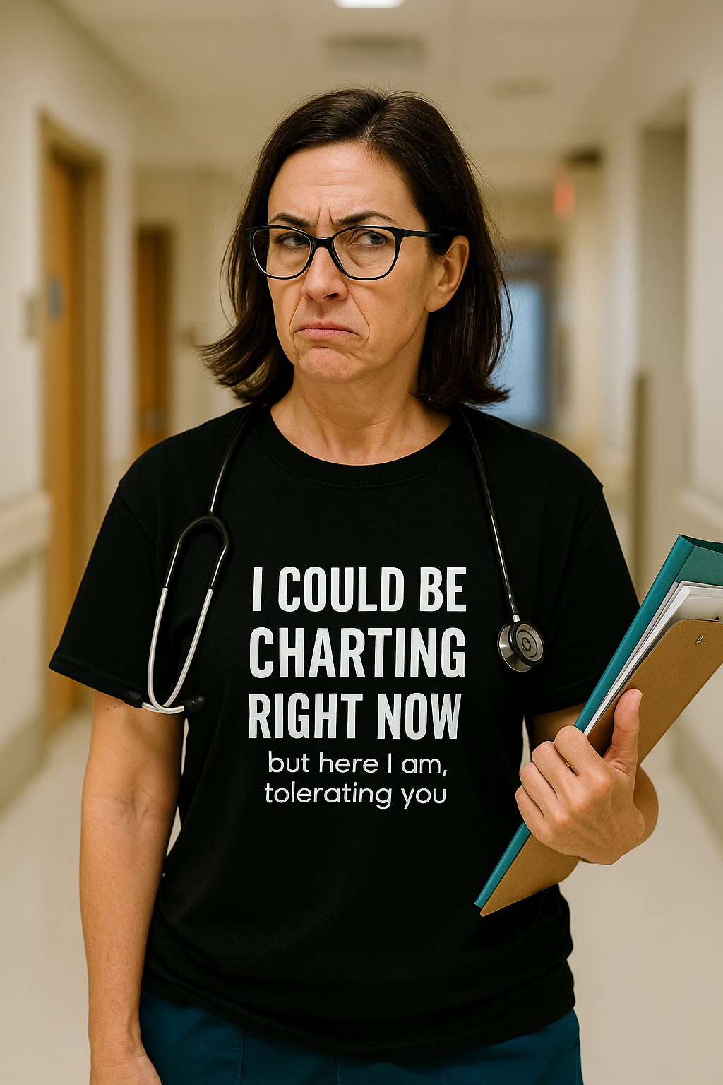 A nurse in scrubs holds a chart and side-eyes dramatically while wearing a black “I Could Be Charting Right Now” shirt in a hospital hallway.