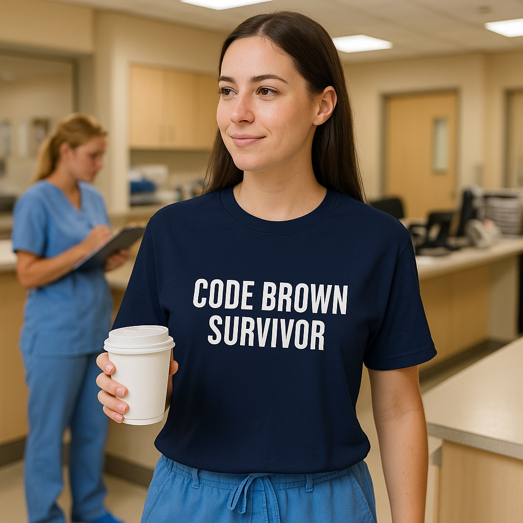 Smiling nurse in blue shirt sipping coffee; “Code Brown Survivor” text visible on chest.

