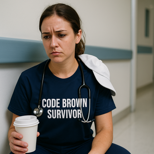 Nurse on call outside patient room wearing  burnout tee: “Code Brown Survivor.”
