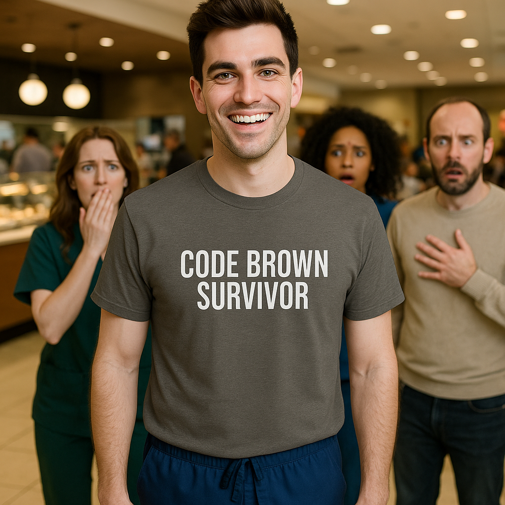 Smiling nurse in grey "Code Brown Survivor" t-shirt standing in a group at shift change.
