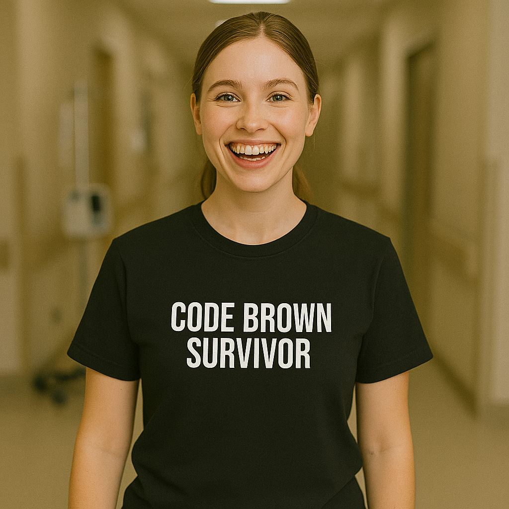 Nurse smiling while wearing the grey “Code Brown Survivor” shirt in a hospital hallway.
