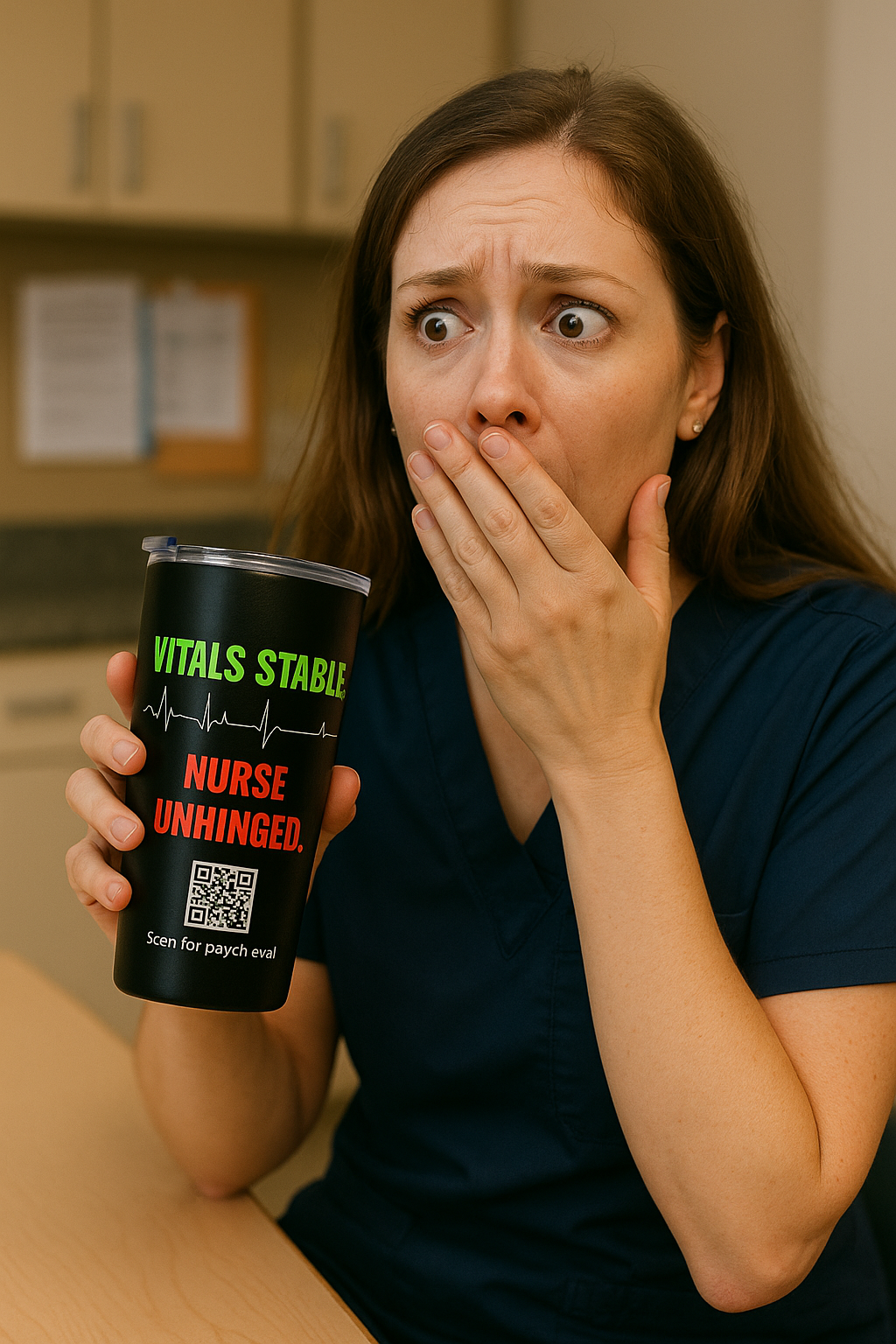  Nurse covering her face while holding a black “Nurse Unhinged” tumbler, expressing workday stress.