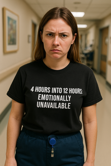 Nurse walking down a hospital hallway wearing black “Emotionally Unavailable” shirt, visibly over it.
