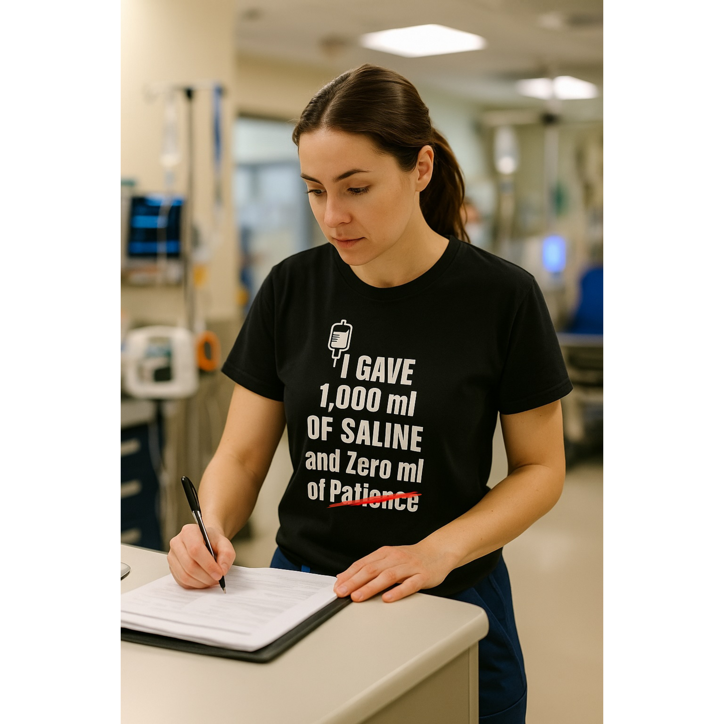 Nurse in black shirt writing in the “Saline/Patience” tee.